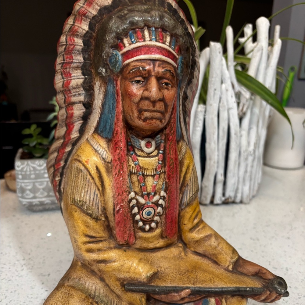 Vintage Indian Chief sitting - hand painted “12 Signed SD “83